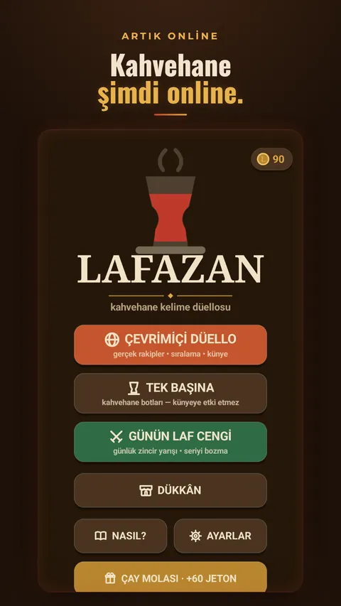 Lafazan main menu, now online